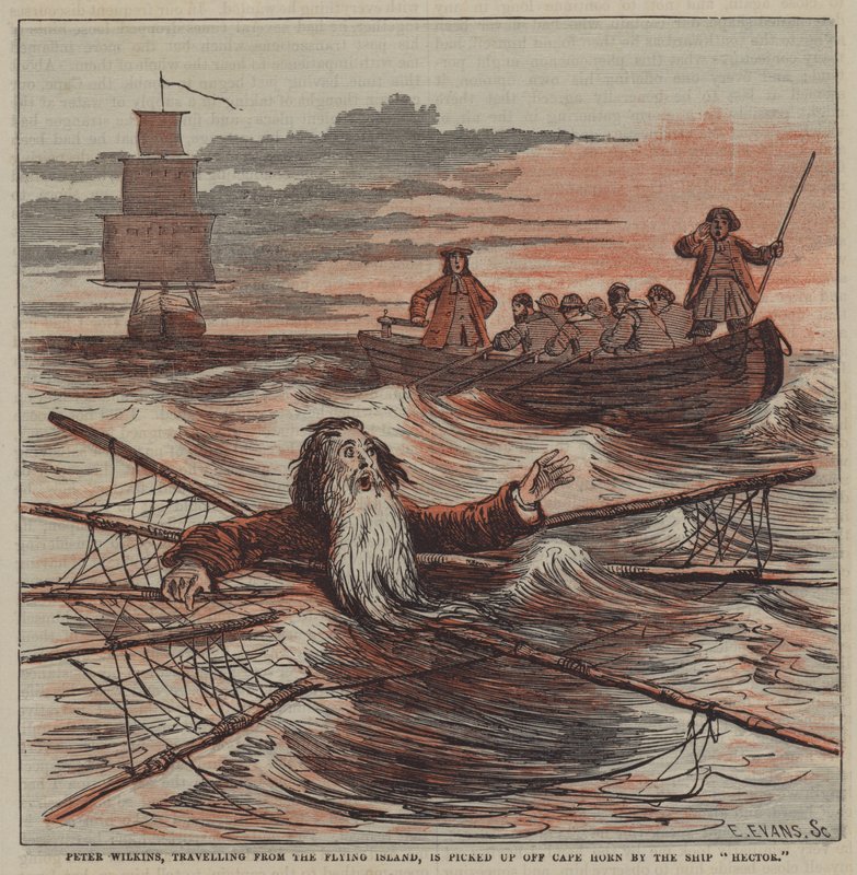 Flying Islandilta matkustavan Peter Wilkinsin noutaa Cape Hornin laiva "Hector" (väri litho) tekijältä after Hablot Knight Browne