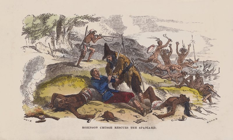 Robinson Crusoe pelastaa espanjalaisen (värillinen kaiverrus) tekijältä after Hablot Knight Browne