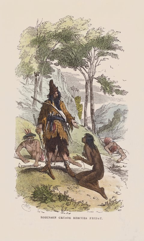 Robinson pelastaa perjantain (värillinen kaiverrus) tekijältä after Hablot Knight Browne