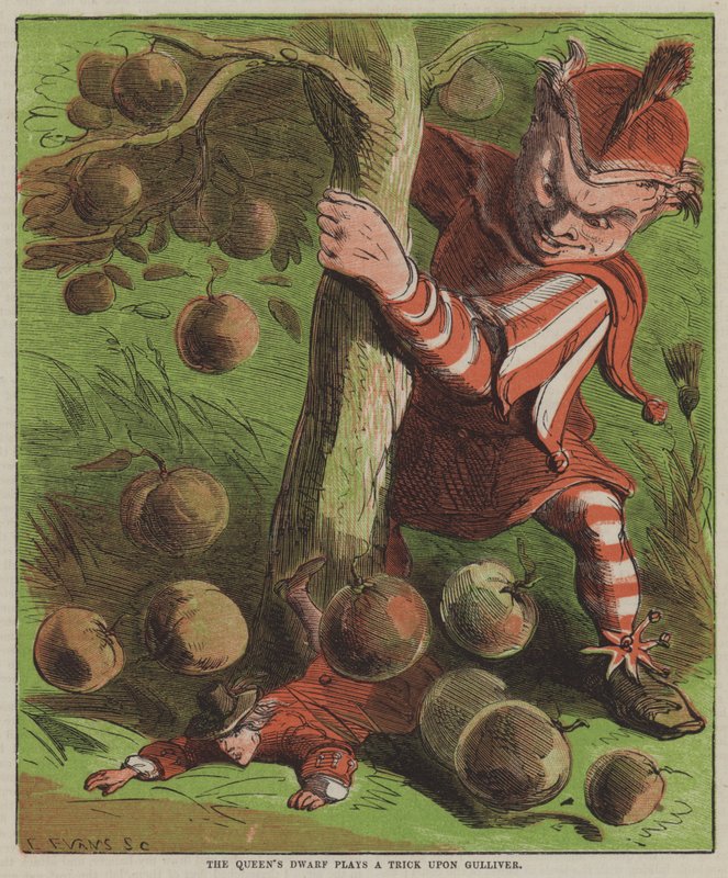 Kuningattaren kääpiö temppuilee Gulliveria (värilitho) tekijältä after Hablot Knight Browne