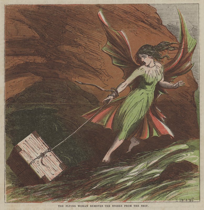 Lentävä nainen poistaa tavarat aluksesta (väri litho) tekijältä after Hablot Knight Browne