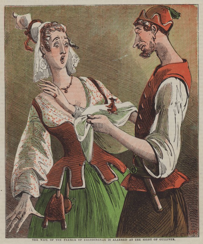 Brobdingnagin maanviljelijän vaimo on huolestunut nähdessään Gulliverin (väri litho) tekijältä after Hablot Knight Browne