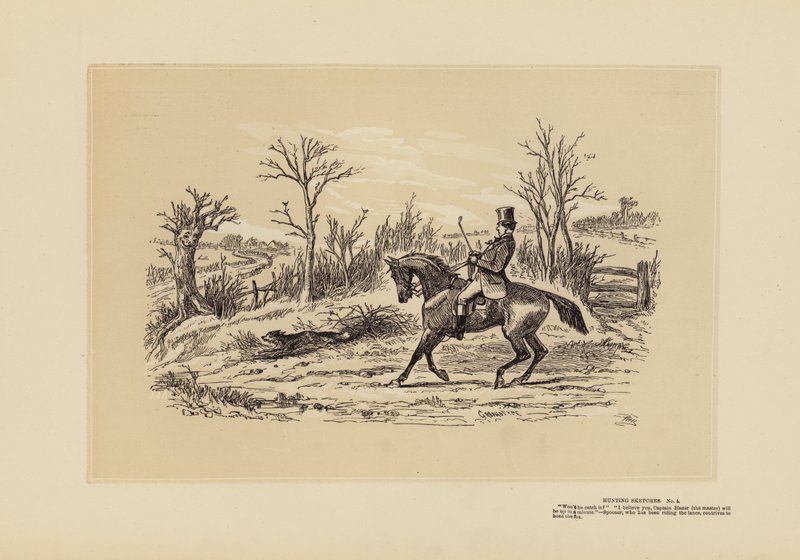 Metsästysluonnoksia, Nro 4, Mies, joka ratsasti väylillä (kaiverrus). tekijältä Hablot Knight (1815 92) Browne
