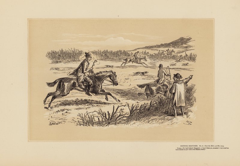 Metsästysluonnoksia, nro 6, Yli kukkuloiden ja kaukana (kaiverrus) (kaiverrus) tekijältä Hablot Knight (1815 92) Browne