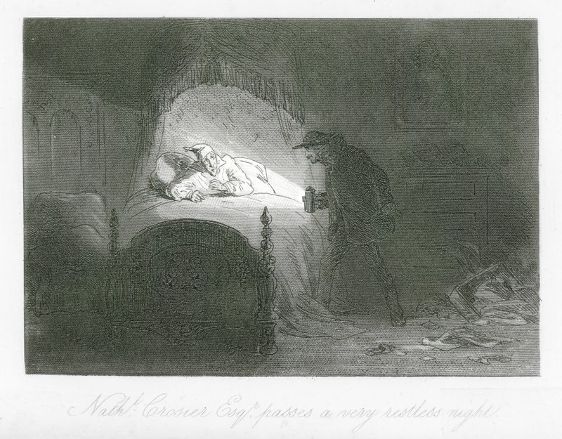 Lontoon kadut: Nathaniel Crosier, Esq, viettää hyvin levottoman yön (kaiverrus). tekijältä Hablot Knight (1815 92) Browne
