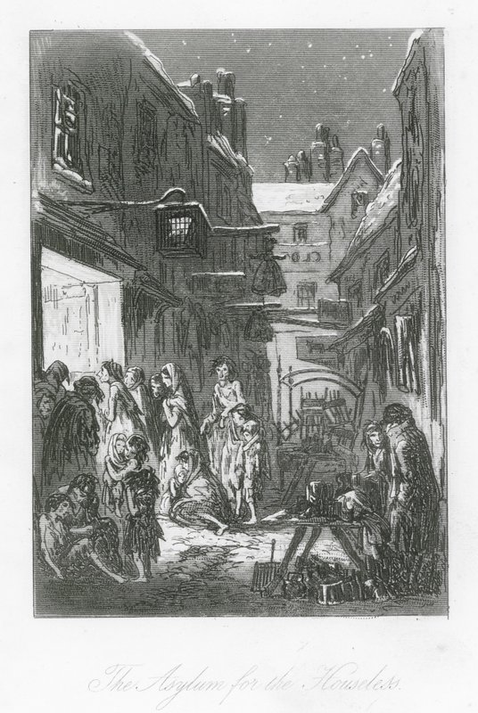Lontoon kadut: Asylum for the Houseless (kaiverrus). tekijältä Hablot Knight (1815 92) Browne