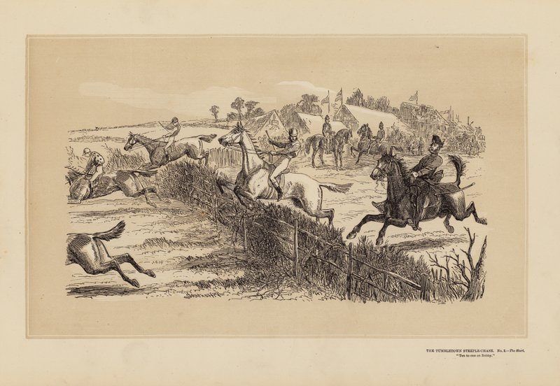 The Tumbletown Steeple-Chase, nro 2, alku (kaiverrus). tekijältä Hablot Knight (1815 92) Browne
