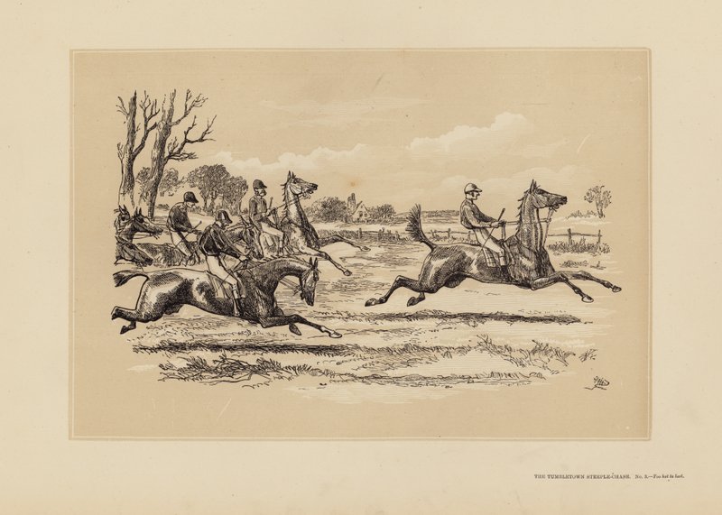 The Tumbletown Steeple-Chase, nro 3, Liian kuuma kestääkseen (kaiverrus). tekijältä Hablot Knight (1815 92) Browne
