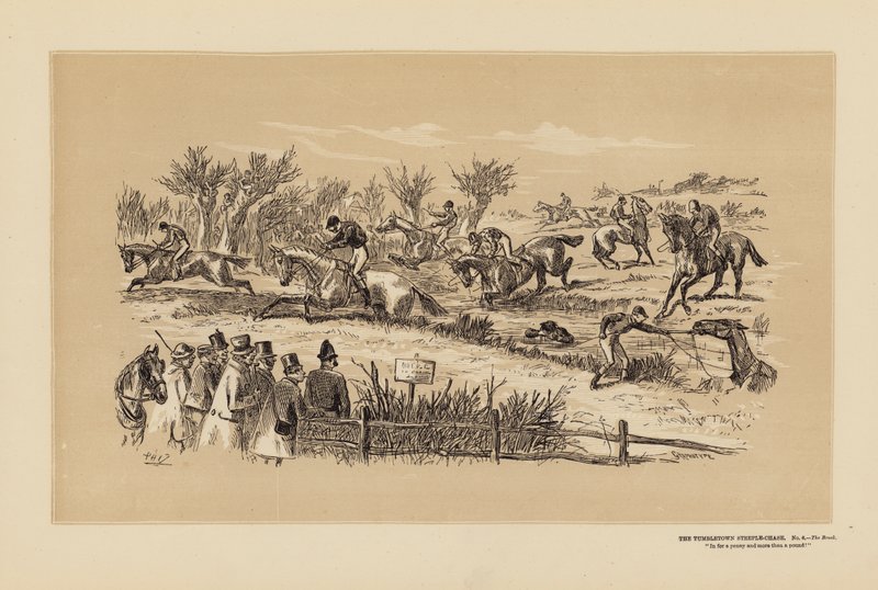 Tumbletown Steeple-Chase, nro 6, The Brook (kaiverrus) (kaiverrus) tekijältä Hablot Knight (1815 92) Browne