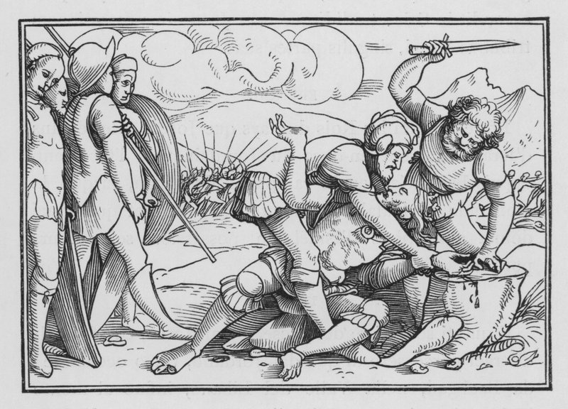 Adoni-Bezek vaaditaan julmuudestaan, tuomarit I, 6 tekijältä Hans after Holbein the Younger