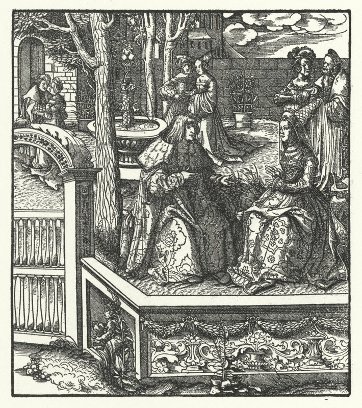 Itävallan arkkiherttua Maximilian ja hänen vaimonsa, Burgundin Maria, opettavat toisilleen omaa kieltään (kaiverrus) tekijältä Hans (after) Burgkmair