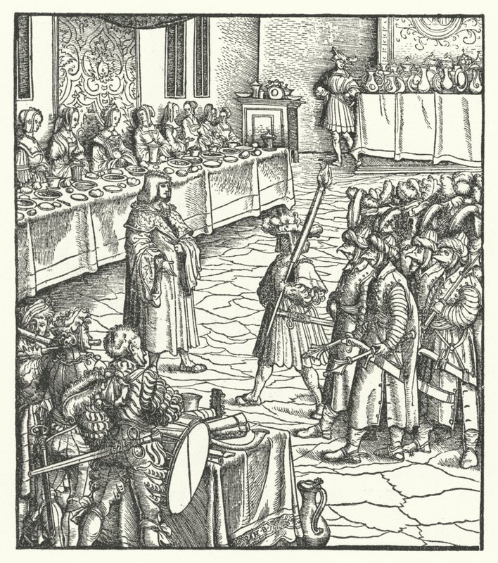 Itävallan arkkiherttua Maximilian ohjaa mummojen näytelmää (kaiverrus) tekijältä Hans (after) Burgkmair