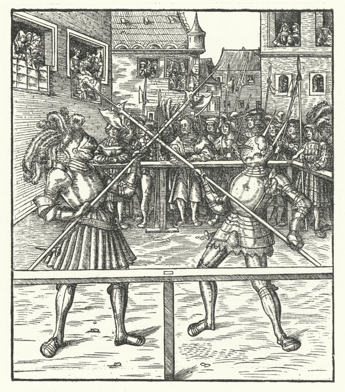 Itävallan arkkiherttua Maximilian taistelee jalkaisin halbardilla (kaiverrus) tekijältä Hans (after) Burgkmair