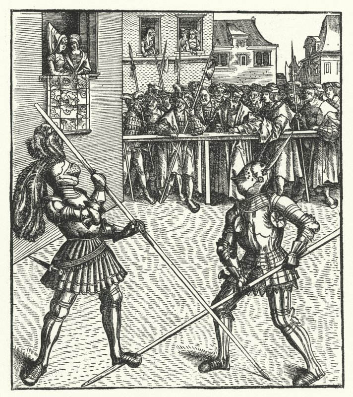 Itävallan arkkiherttua Maximilian taistelee jalkaisin keihässä (kaiverrus) tekijältä Hans (after) Burgkmair
