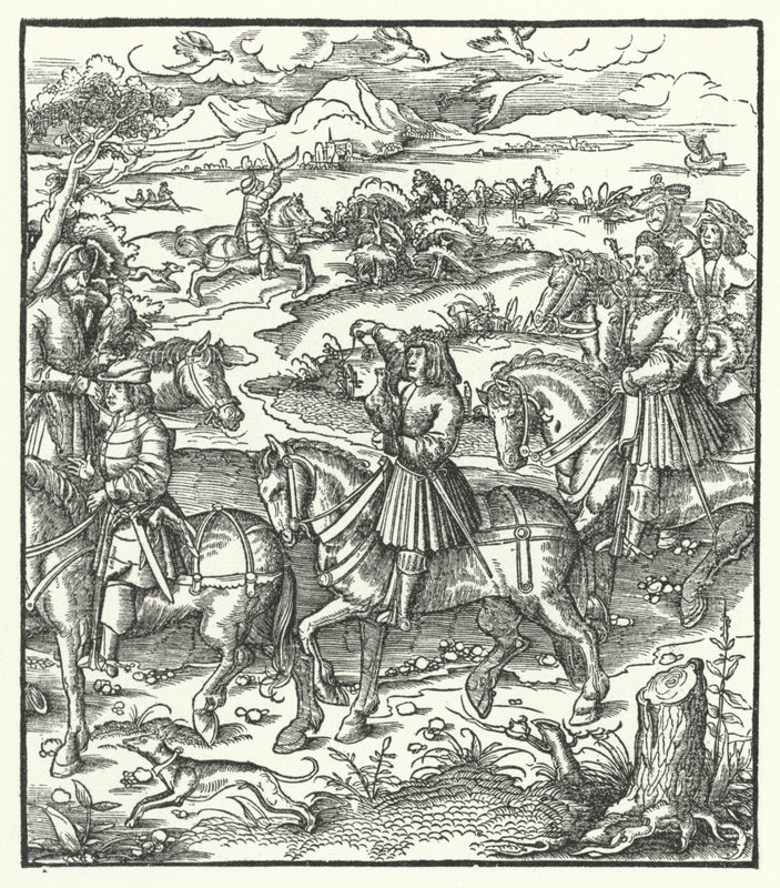 Itävallan arkkiherttua Maximilian metsästää haikaroita (kaiverrus) tekijältä Hans (after) Burgkmair