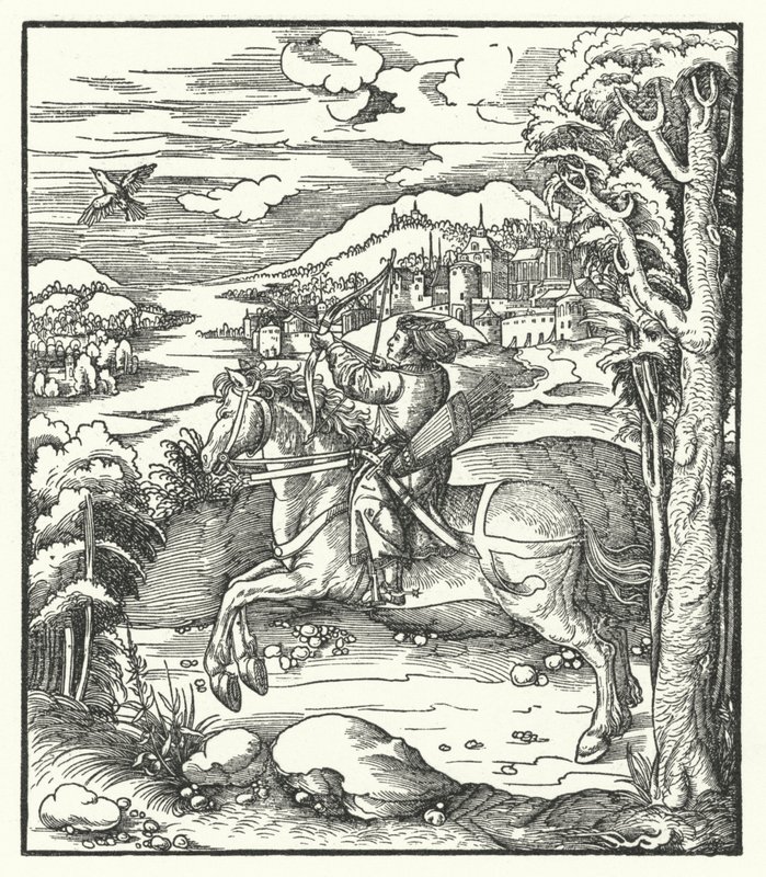 Itävallan arkkiherttua Maximilian metsästää hevosen selässä (kaiverrus) tekijältä Hans (after) Burgkmair