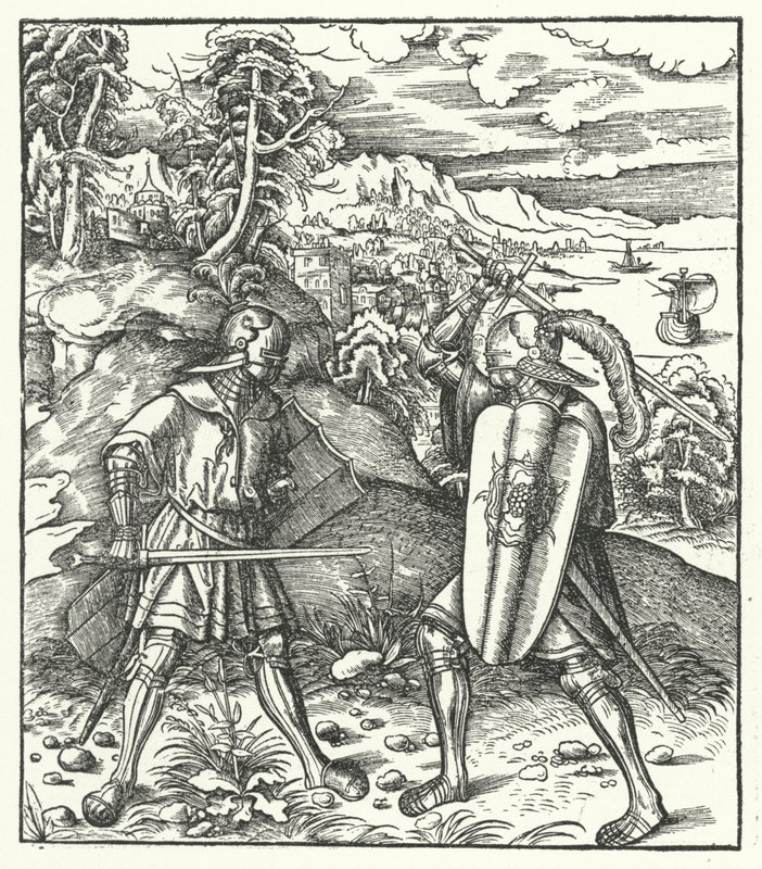 Itävallan arkkiherttua Maximilian haarniskassa taistelee miekalla (kaiverrus) tekijältä Hans (after) Burgkmair