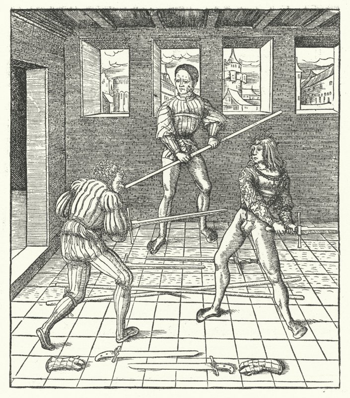 Itävallan arkkiherttua Maximilian oppii miekkailua (kaiverrus) tekijältä Hans (after) Burgkmair