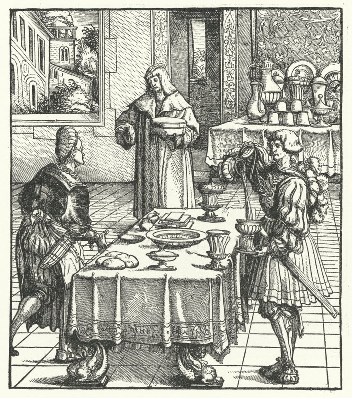 Itävallan arkkiherttua Maximilian opettelee ruokakulttuuria (kaiverrus). tekijältä Hans (after) Burgkmair