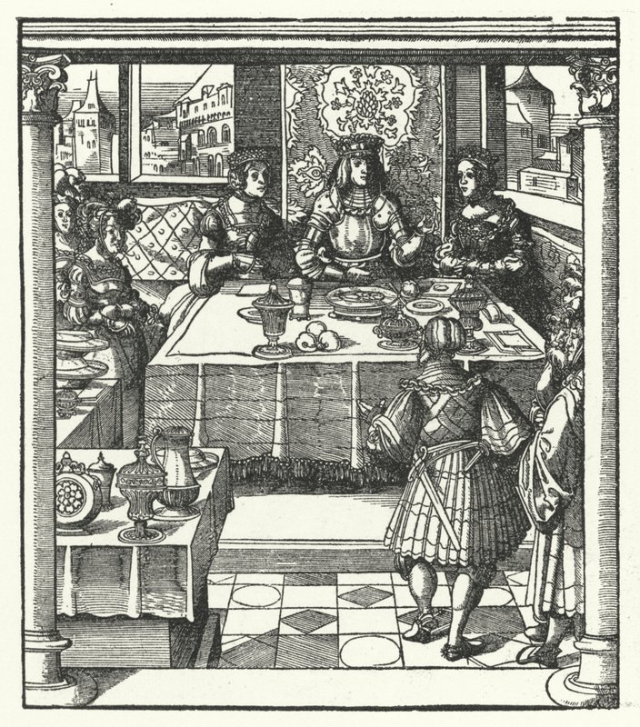 Itävallan arkkiherttua Maximilian vierailee tulevan vaimonsa, Burgundin Marian ja tämän äitinsä Isabellan Bourbonin luona (kaiverrus) tekijältä Hans (after) Burgkmair