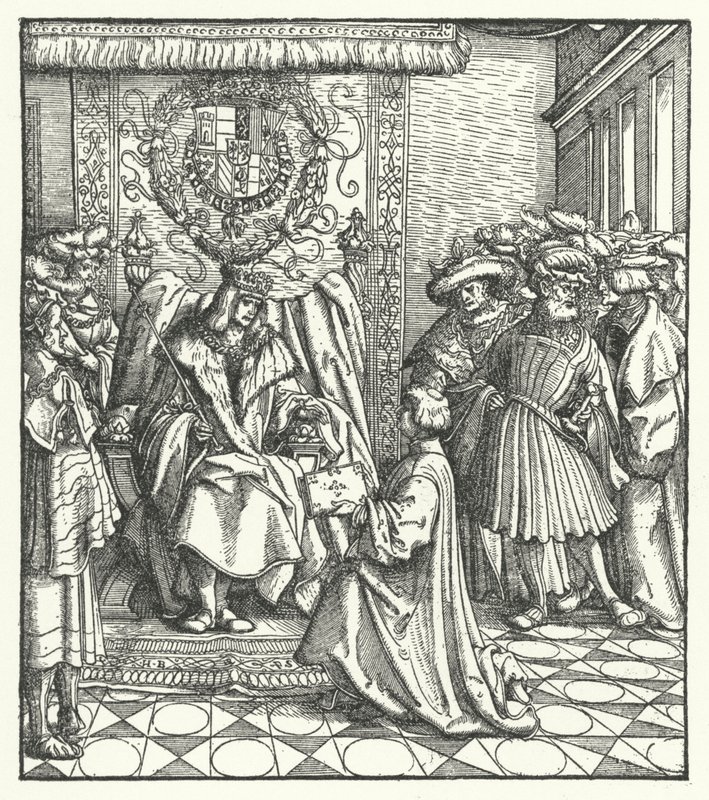 Kirjan omistus Pyhän Rooman keisarille Maximilian I:lle (kaiverrus) tekijältä Hans (after) Burgkmair