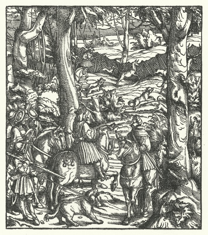 Maximilian I, roomalaisten kuningas, saa viestin metsästäessään (kaiverrus) tekijältä Hans (after) Burgkmair