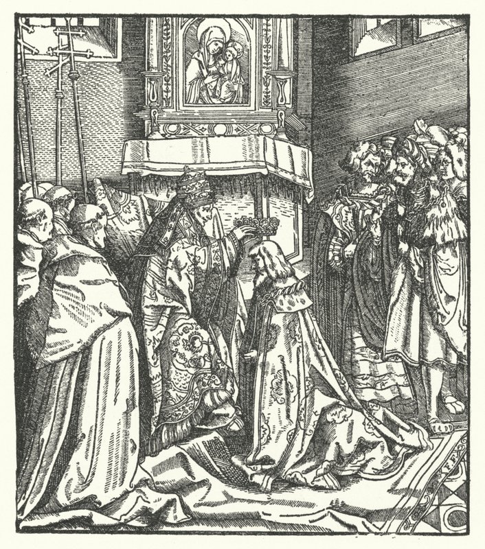Paavi Nikolai V kruunasi Frederick III:n Pyhän Rooman keisariksi Roomassa tekijältä Hans (after) Burgkmair