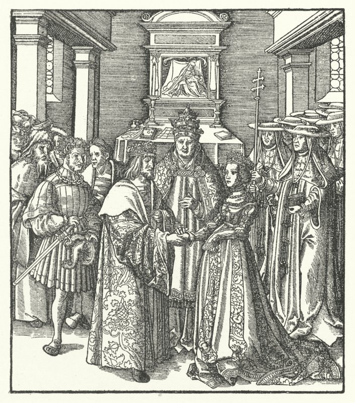 Paavi Nikolai V puheenjohtajana Pyhän Rooman keisarin Fredrik III:n ja Portugalin Eleanorin avioliittoa Roomassa tekijältä Hans (after) Burgkmair