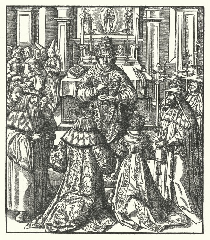 Pyhän Rooman keisari Frederick III ja keisarinna Eleanor vastaanottavat ehtoollisen paavilta (kaiverrus) tekijältä Hans (after) Burgkmair