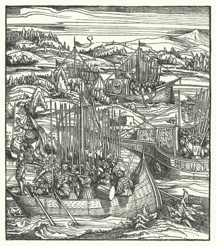 Pyhän Rooman keisari Maximilian I laivastoineen La Speziassa, Italiassa tekijältä Hans (after) Burgkmair