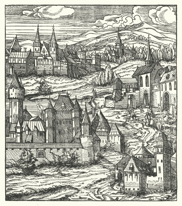 Wiener Neustadt, Itävalta, Maximilian I:n, Pyhän Rooman keisarin, syntymäpaikka (kaiverrus) tekijältä Hans (after) Burgkmair