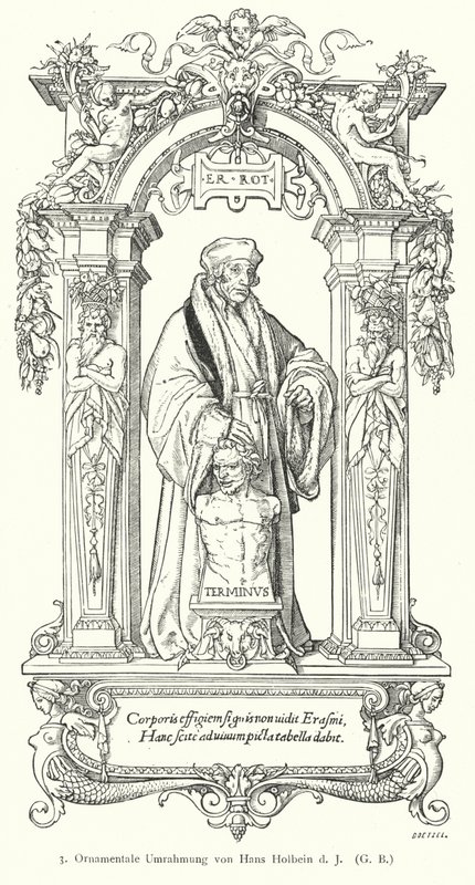 Hollantilaisen renessanssin humanistitutkijan Desiderius Erasmuksen muotokuva koristeellisella kehyksellä (kaiverrus) tekijältä Hans (after) Holbein the Younger