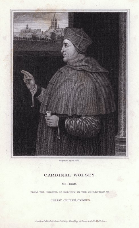 Thomas Wolsey, englantilainen poliitikko, arkkipiispa ja katolisen kirkon kardinaali (kaiverrus) tekijältä Hans (after) Holbein the Younger