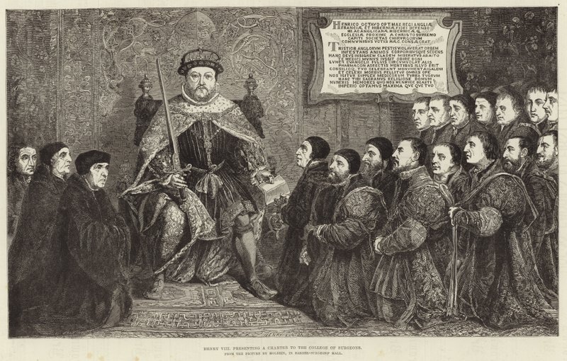 Kuningas Henrik VIII esittelee peruskirjan College of Surgeonsille tekijältä Hans Holbein der Jüngere