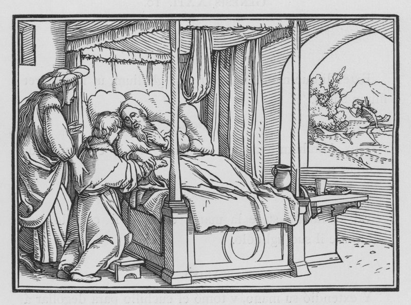 Jaakob pettää isänsä ja saa siunauksen, Genesis XXVII, 21 tekijältä Hans Holbein der Jüngere