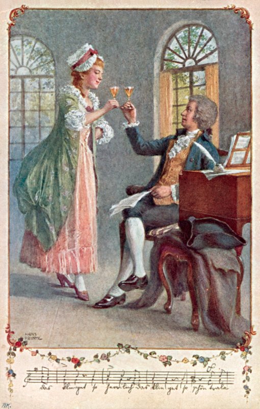 Mozart työskentelee oopperansa "Taikahuilu" parissa Wienin Wiedenin kaupunginosassa (värilitho) tekijältä Hans Printz