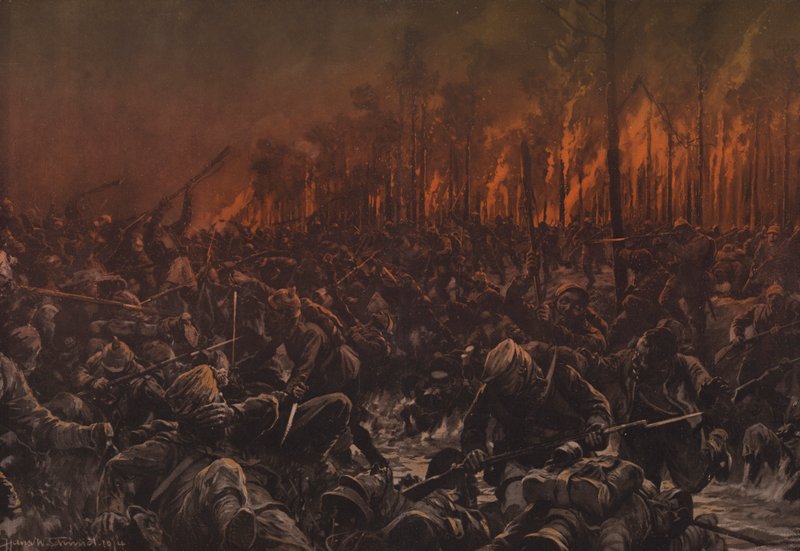 Yöhyökkäys brittiläisiä asentoja vastaan Yserillä (värilitho) tekijältä Hans W. (after) Schmidt