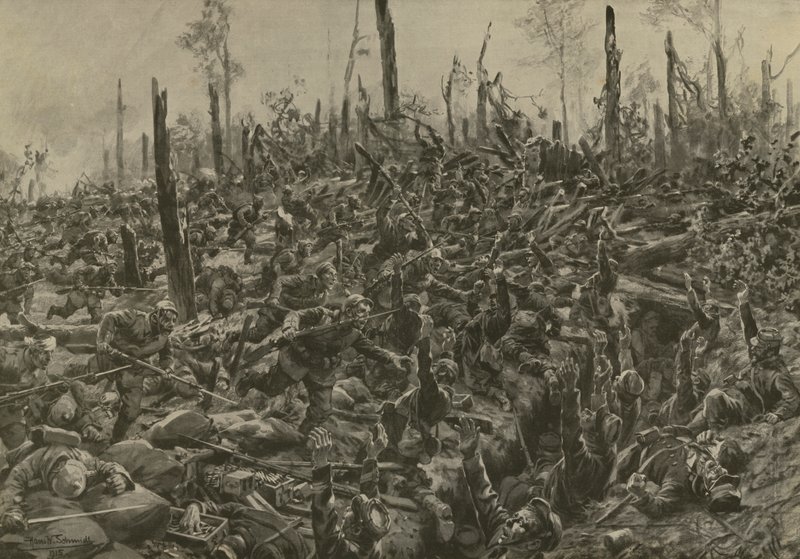 Saksan hyökkäys ranskalaisia hirsitaloja ja juoksuhautoja vastaan Bois-le-Pretressä 5. heinäkuuta 1915 tapahtuneen tykistöpommituksen jälkeen (litho) tekijältä Hans W. (after) Schmidt