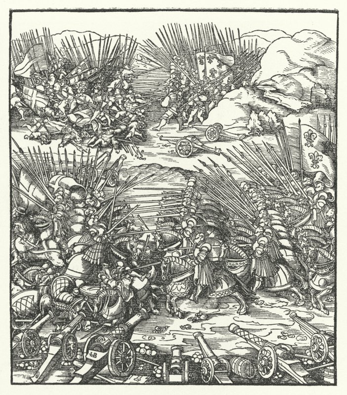 Taistelu Ranskan ja Venetsian armeijoiden välillä Cambrain liigan sodan aikana 1509 tekijältä Hans after Burgkmair