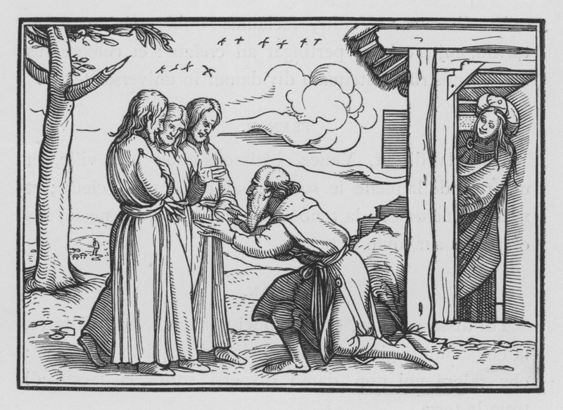 Abraham viihdyttää kolmea enkeliä, Genesis XVIII, 2 tekijältä Hans after Holbein the Younger