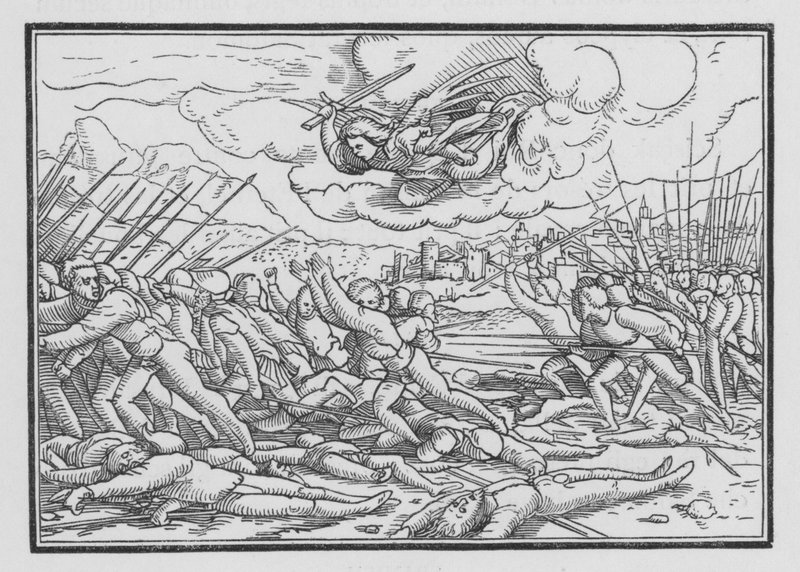 Enkeli tuhoaa assyrialaisen sotajoukon, 2 Chronicles XXXII, 21 tekijältä Hans after Holbein the Younger