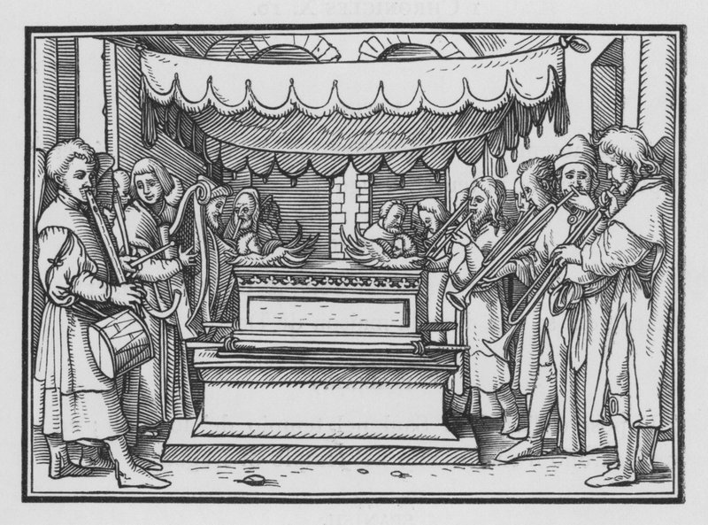Daavid nimittää laulajien ja musiikin ryhmän ylistämään Herraa, 1 Chronicles XVI, 4 tekijältä Hans after Holbein the Younger