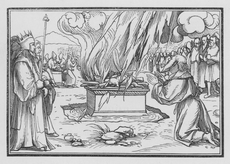 Elia rukoilee, siihen vastaa taivaan tuli, 1 Kuninkaat XVIII, 38 tekijältä Hans after Holbein the Younger