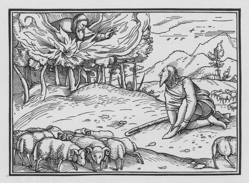 Jumala ilmestyy Moosekselle palavassa pensaassa, Exodus III, 5 tekijältä Hans after Holbein the Younger