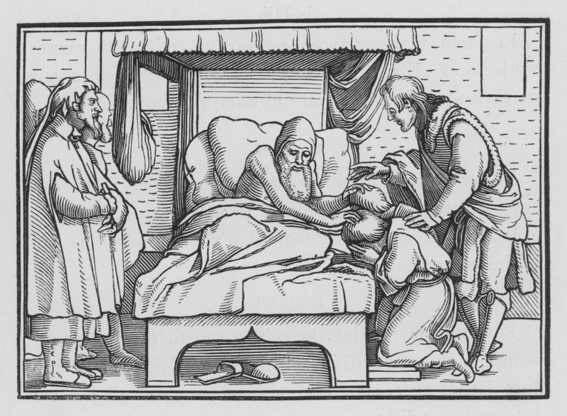 Jaakob siunasi Joosefin ja hänen kaksi poikaansa, Genesis XLVIII, 14 tekijältä Hans after Holbein the Younger