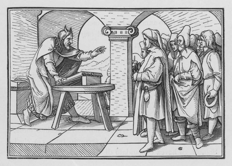 Mooses kehottaa tottelevaisuuteen jumalien menneisyydestä, 5. Moos. IV, 1 tekijältä Hans after Holbein the Younger