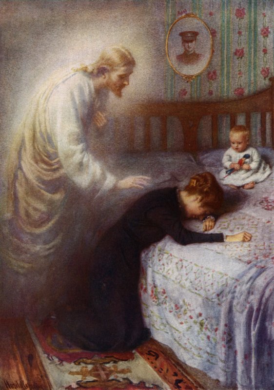Kristus Lohduttaja: Jeesus lohduttaa surevaa brittiläistä sotaleskeä (väri litho) tekijältä Harold Copping