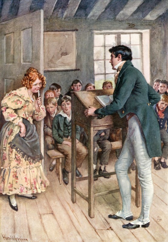 Fanny Squeers ja Nicholas Nickleby (väri litho) tekijältä Harold Copping