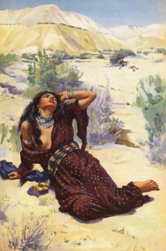 Hagar ja Ismael autiomaassa (värilitografia) tekijältä Harold Copping