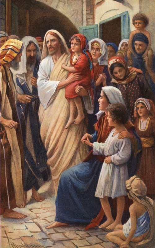 Jeesus siunaa pieniä lapsia (värilitografia) tekijältä Harold Copping